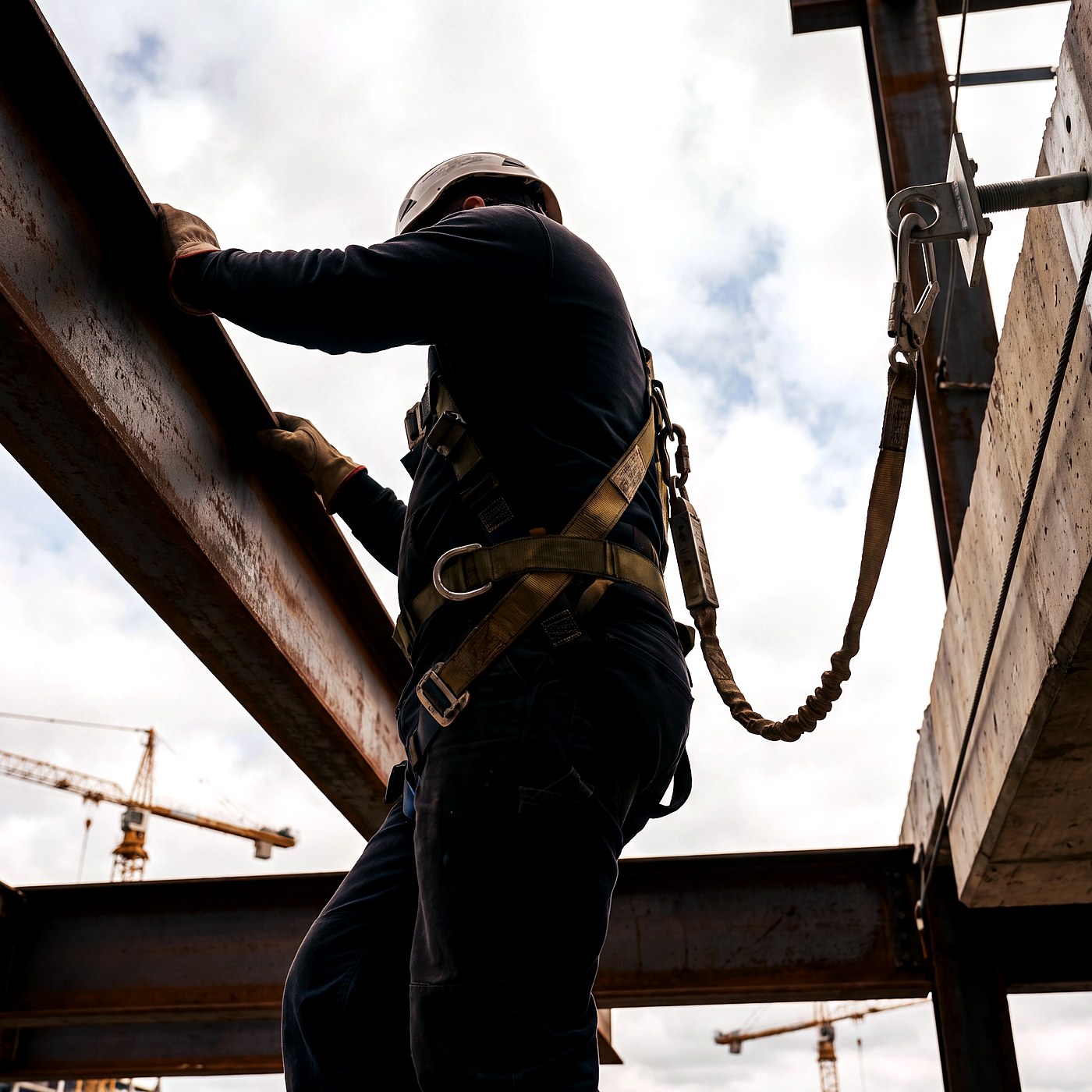 Worker wearing a full-body safety harness at height