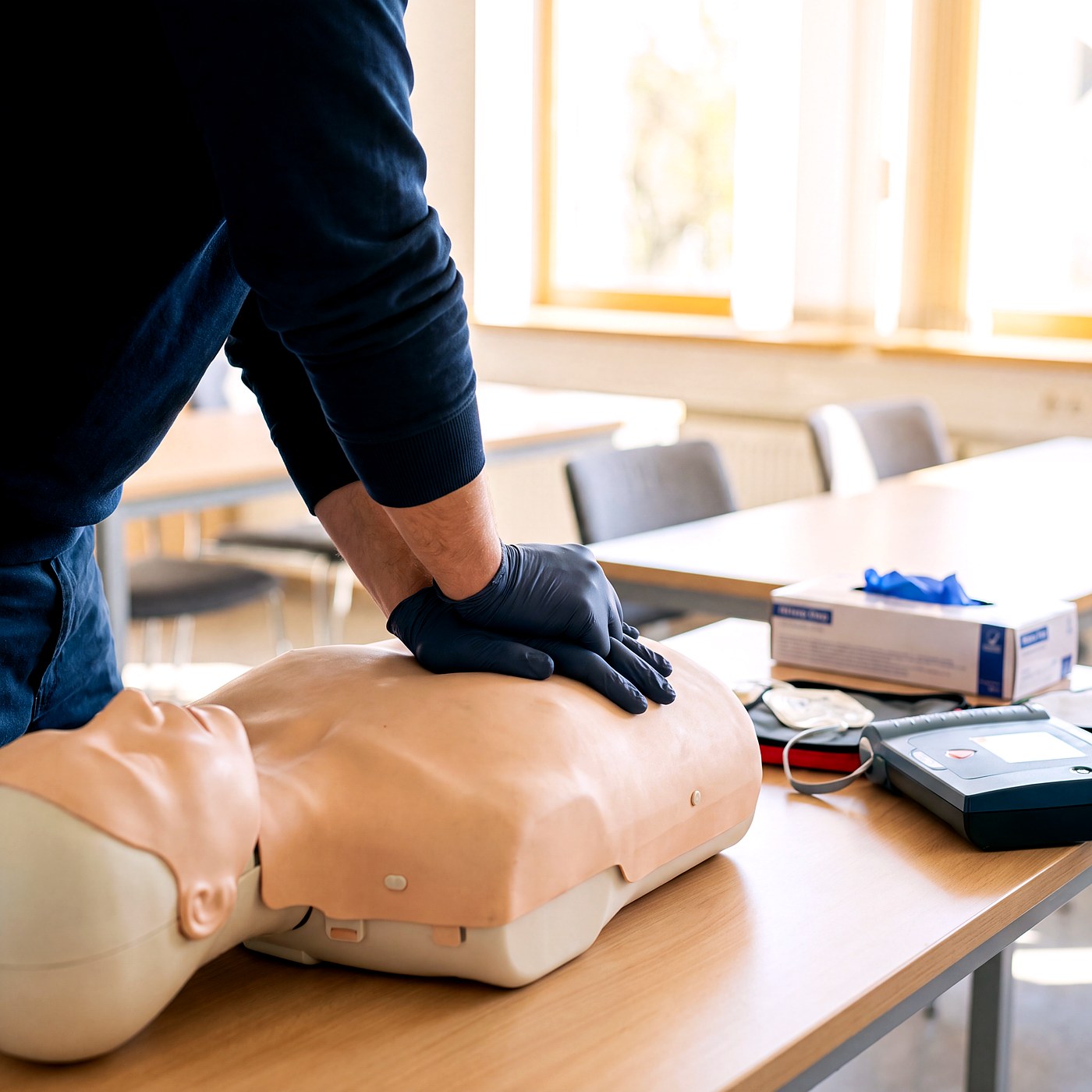 Hands practicing CPR technique on a training mannequin